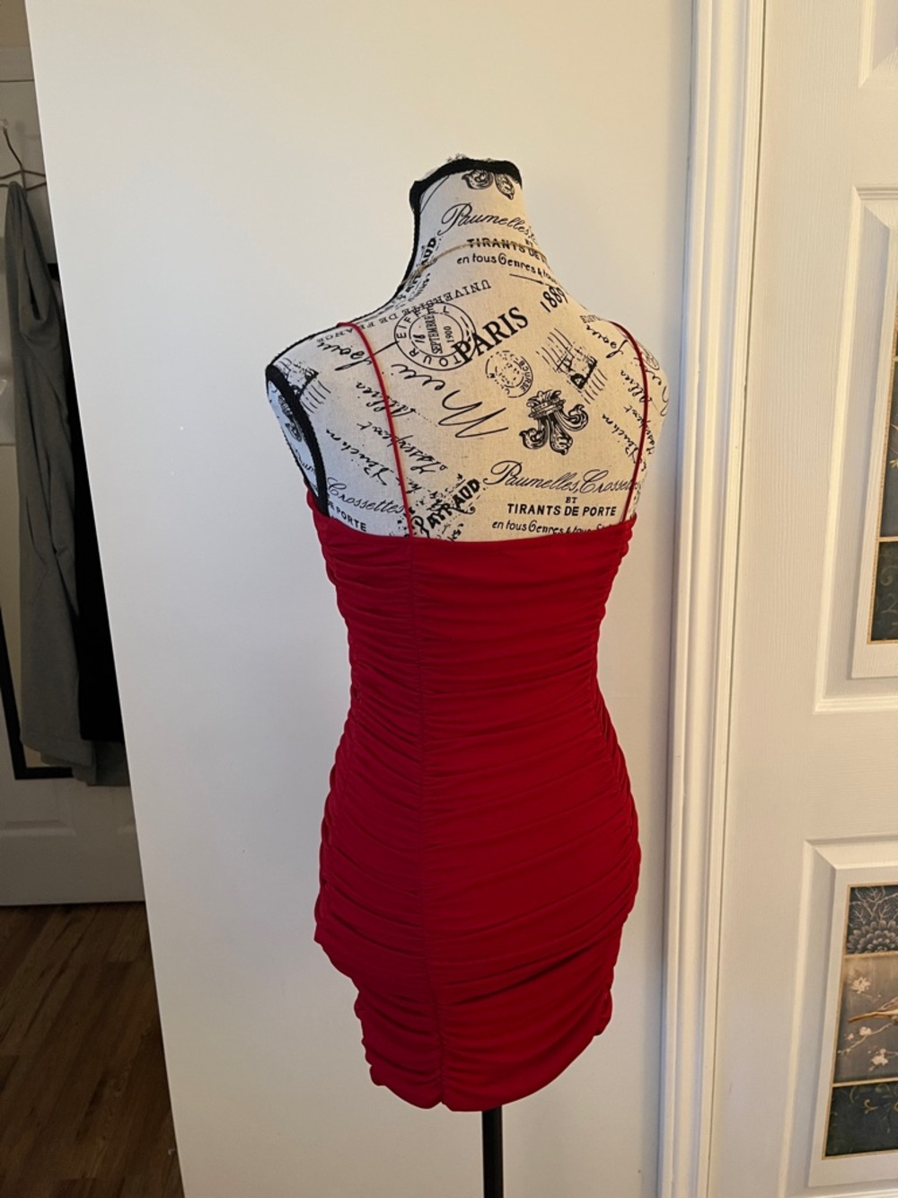 😃Revamped Red Ruched Spaghetti Strap Mini Dress - Picture 6 of 8